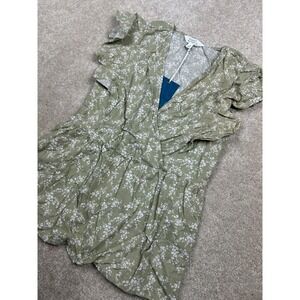 MARKET & SPRUCE Women's S Petite Sage Green Floral Faux Wrap Ruffle Top
